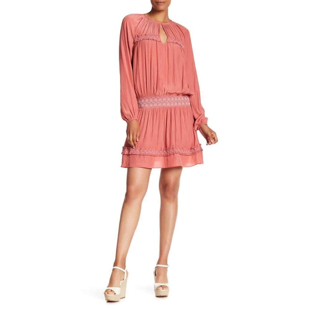 RAMY BROOK Ailis Embroidered Smocked Dress Burnt Pink Size XS Mini Long Sleeve